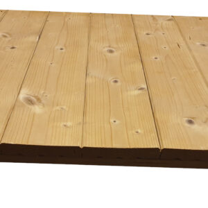 Ein helles Holzbrett aus Fichtenholz mit sichtbaren Maserungen und Knoten, gekennzeichnet mit einem Etikett mit der Aufschrift 'Fasebrett Fichte 22x121 mm'.