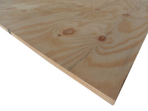 Nahaufnahme einer Holzplatte mit sichtbaren Maserungen und Astknoten.
