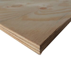 Nahaufnahme eines Stücks Sperrholz mit sichtbaren Holzmaserungen und Schichten, vor weißem Hintergrund.