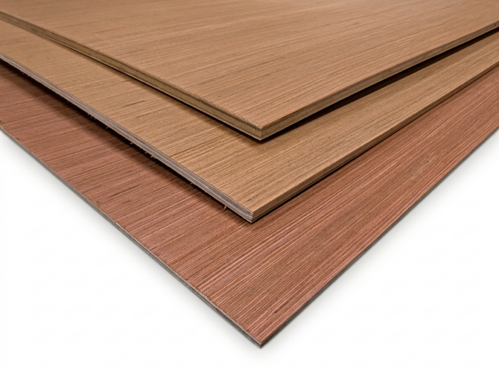 Drei gestapelte Holzplatten in unterschiedlichen Brauntönen mit sichtbarer Maserung.