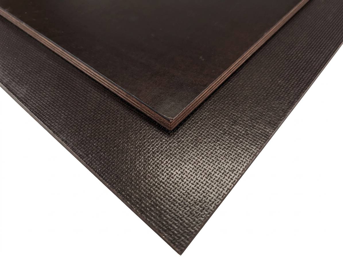 Zwei übereinander liegende, dunkelbraune Platten mit unterschiedlicher Textur, eine glatt, die andere strukturiert.