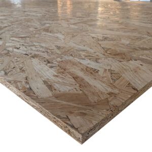 Großaufnahme einer OSB-Platte mit sichtbaren Holzspänen und glatter Oberfläche.