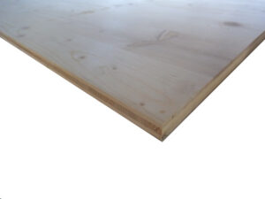 Nahaufnahme einer Holzdiele mit glatter Oberfläche und leichter Maserung, die in einem Winkel präsentiert wird, um die Dicke und Textur zu zeigen.