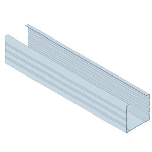 Isometrische Darstellung eines grauen U-förmigen Metallprofils mit hervorstehenden Details auf den Seiten.