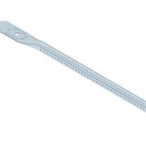 Ein längliches Metallelement mit vielen kleinen Löchern entlang der Länge und einem abgeflachten oberen Teil mit größeren Öffnungen.