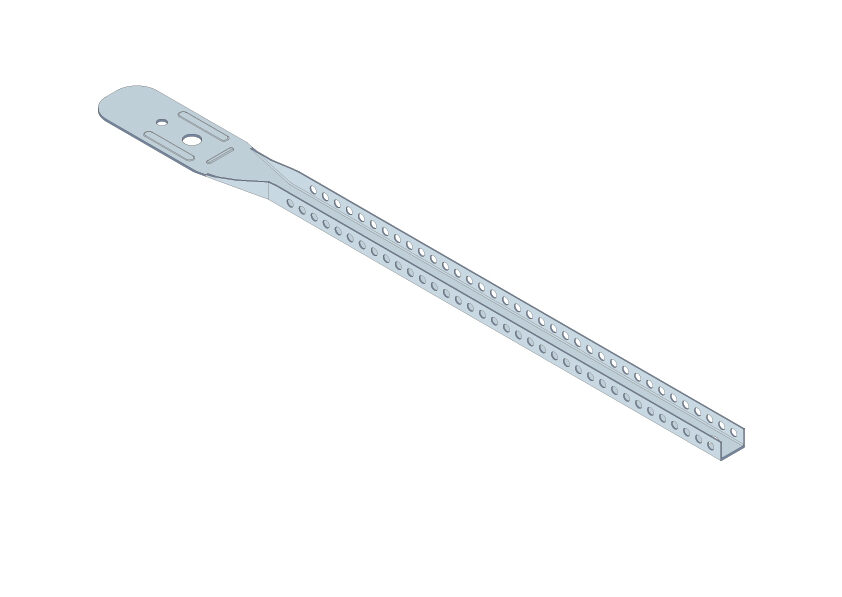 Ein längliches Metallelement mit vielen kleinen Löchern entlang der Länge und einem abgeflachten oberen Teil mit größeren Öffnungen.