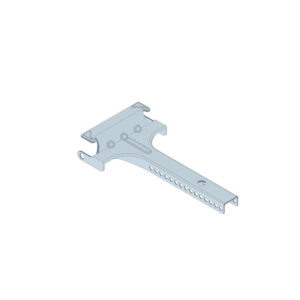 Isometrische Zeichnung einer Metallhalterung mit mehreren Löchern und einem verlängerten, T-förmigen Arm.