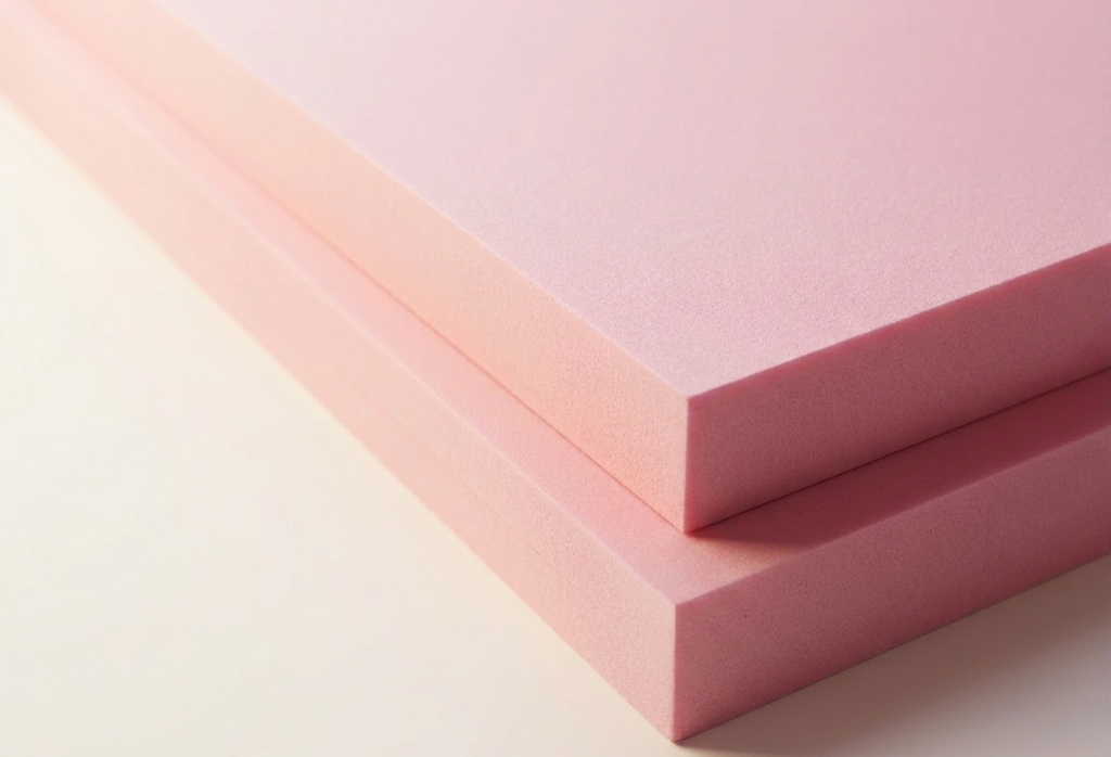 Zwei gestapelte, rosafarbene Schaumstoffplatten auf einer hellen Oberfläche.