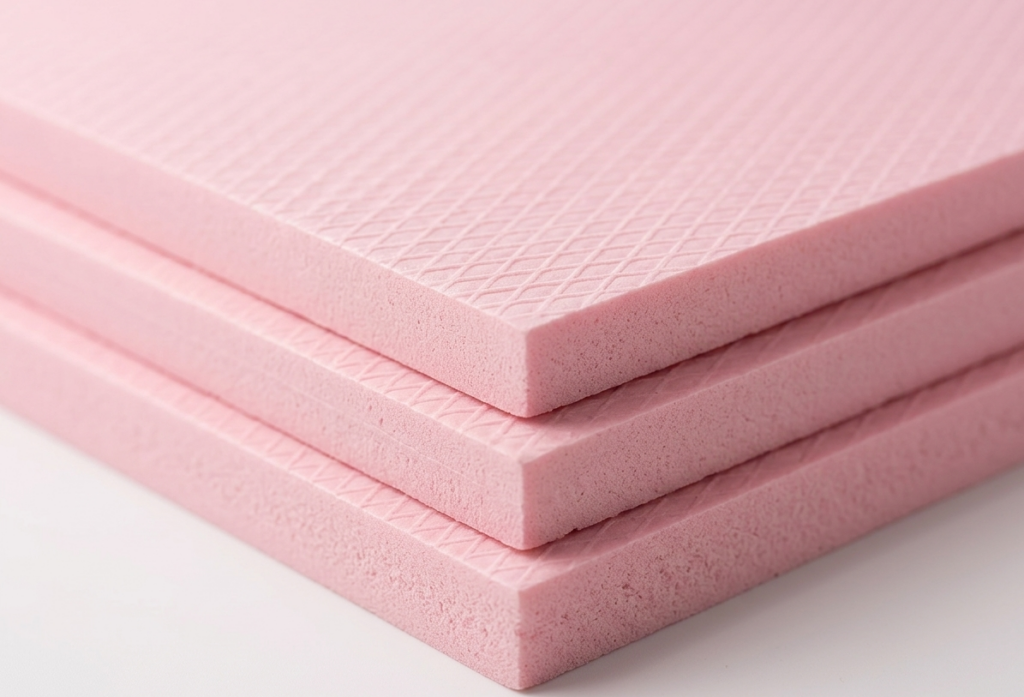 Drei rosafarbene Schaumstoffplatten, gestapelt auf einer weißen Oberfläche, mit einem diamantartigen Muster auf der Oberseite.