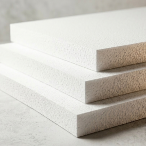 Drei gestapelte weiße Schaumstoffplatten auf einer grauen Oberfläche.