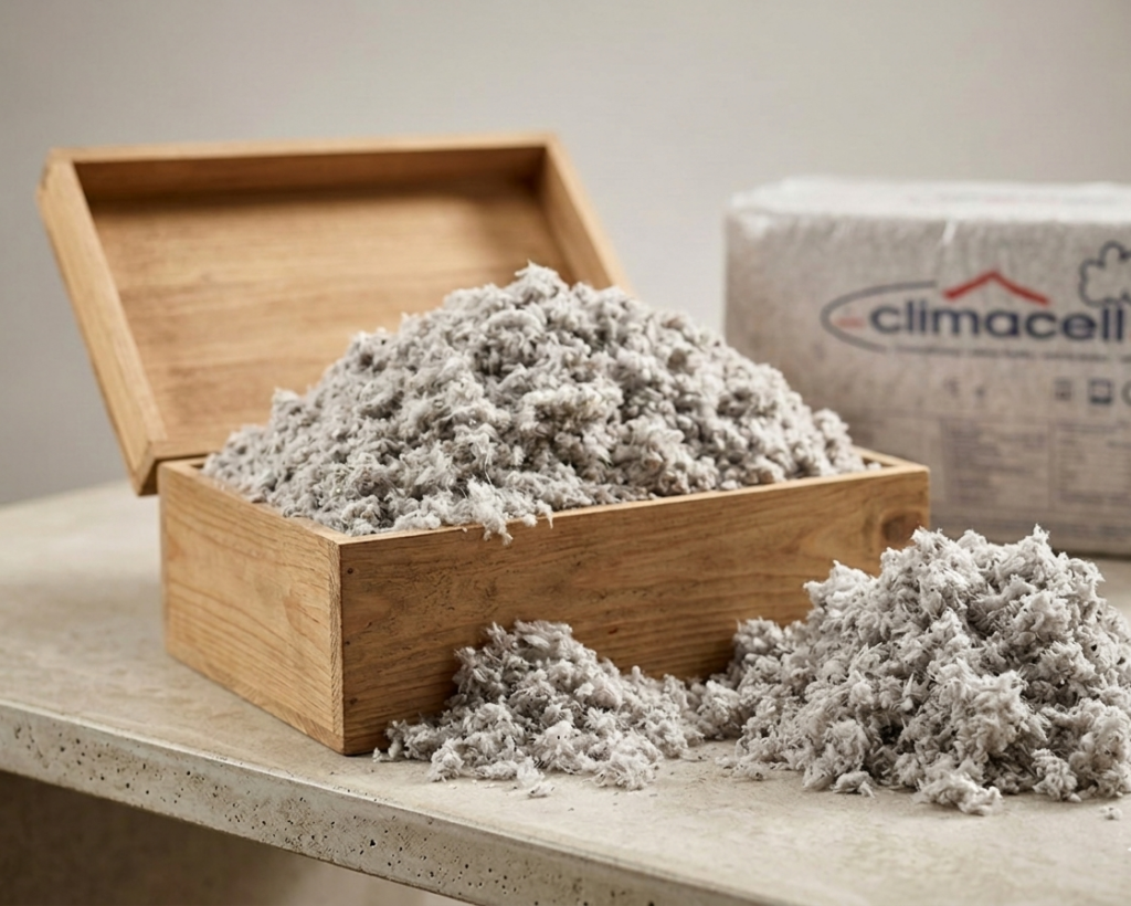 Holzkiste mit loser Zellulosefaser, daneben ein weiterer Ballen mit dem Aufdruck "climacell".