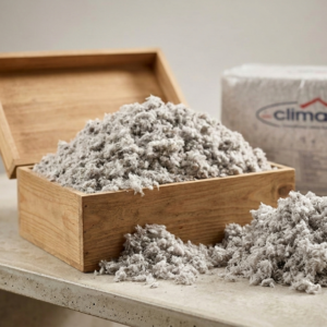 Holzkiste mit loser Zellulosefaser, daneben ein weiterer Ballen mit dem Aufdruck "climacell".