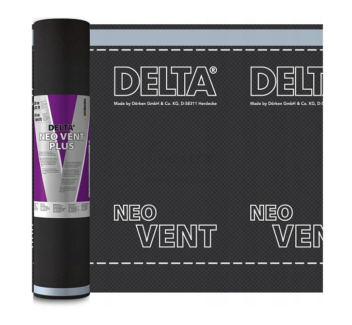 Rolle der Delta Neo Vent Plus Folie mit Aufdruck, geeignet für Dachbelüftung, von Dörken GmbH & Co. KG.