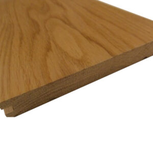 Nahaufnahme einer Nut-und-Feder-Holzplanke mit sichtbarer Maserung.