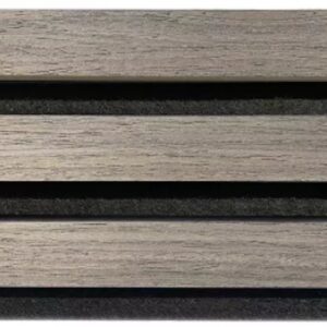 Holzlatten mit einem grau-braunen Finish, die horizontal angeordnet sind, mit dunklen Zwischenräumen dazwischen.