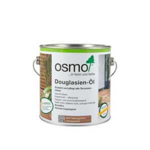 Dose Osmo Douglasien-Öl, vorgesehen für den Schutz und die Pflege von Terrassenhölzern, mit Angaben zu seinen Vorteilen wie Wasser- und Schmutzabweisung und biowechselfreiem Schutz.