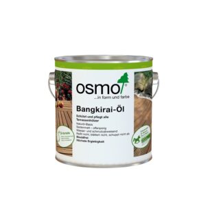 Eine Dose Osmo Bangkirai-Öl zur Pflege von Terrassenhölzern mit Beschriftung zu Eigenschaften und Vorteilen.