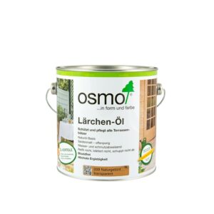 Eine Dose Osmo Lärchen-Öl zum Schutz und zur Pflege von Terrassenhölzern, mit verschiedenen Produkteigenschaften aufgelistet, in einer weiß-grünen Verpackung.