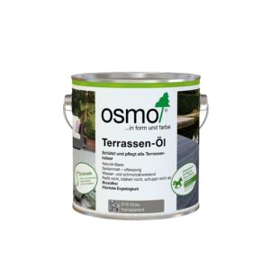 Dose Osmo Terrassen-Öl in Grauton mit grünem Deckel und direktem Aufdruck für Holzschutz und Pflege.