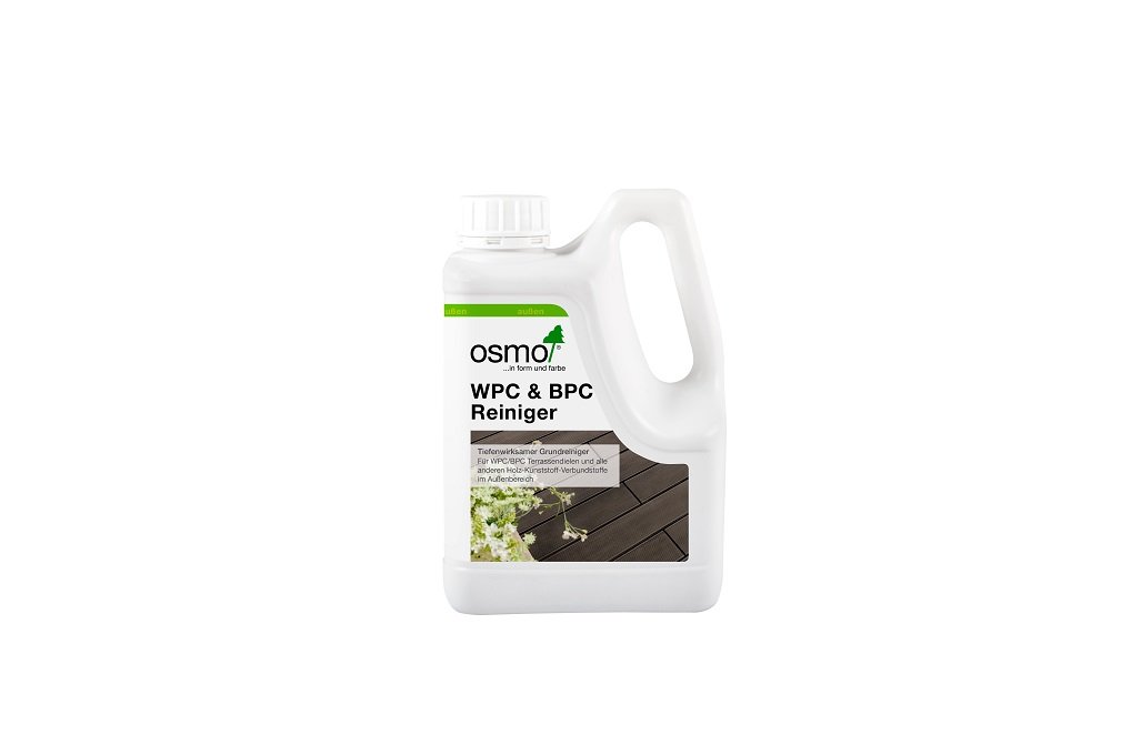 Eine weiße Flasche mit Griff, die Osmo WPC & BPC Reiniger enthält, abgebildet vor einem weißen Hintergrund. Das Etikett zeigt eine Terrasse und grüne Blätter.