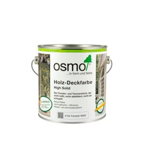 Eine Dose Osmo Holz-Deckfarbe in der Farbe Fenster-Weiß mit der Aufschrift 'High Solid' und Produktbeschreibungen auf der Vorderseite.