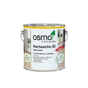 Eine Dose Osmo Hartwachs-Öl High Solid für Holzfußböden und Möbel, mit Hinweis auf schnelle Trocknungszeiten und Eignung für Innenräume.
