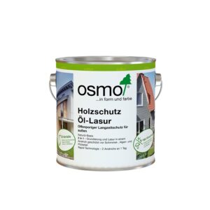 Ein Farbeimer von Osmo mit der Aufschrift 'Holzschutz Öl-Lasur' und Bildern von Holzgebäuden, der als Außenlasur vorgestellt wird.