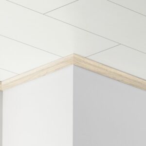 Ecke eines Raumes mit einem hellen Deckenverkleidungssystem und einem Holzmuster an der Kante. Die Decke ist in großen, rechteckigen Platten strukturiert.