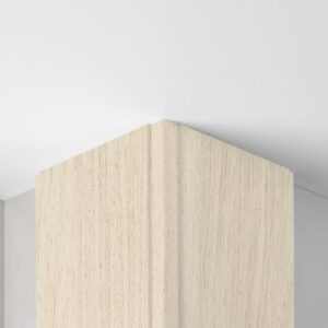 Ecke eines Raumes mit einem hellen Holzbalken, der von der Decke zur Wand führt.