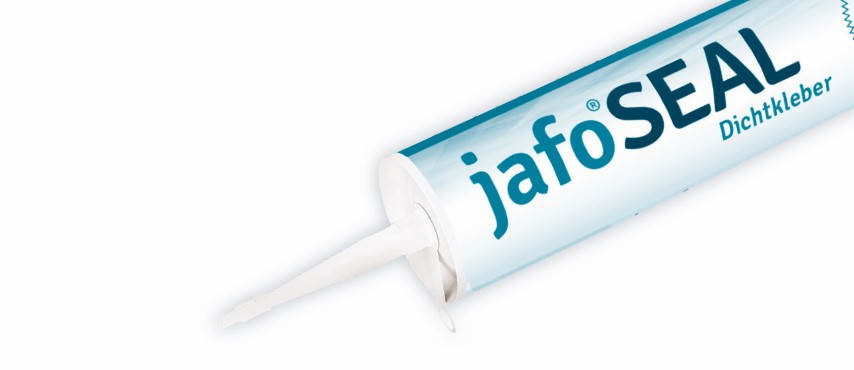 Eine Kartusche mit der Aufschrift "jafoSEAL Dichtkleber" mit einer spitzen Düse zum Auftragen des Klebstoffs.