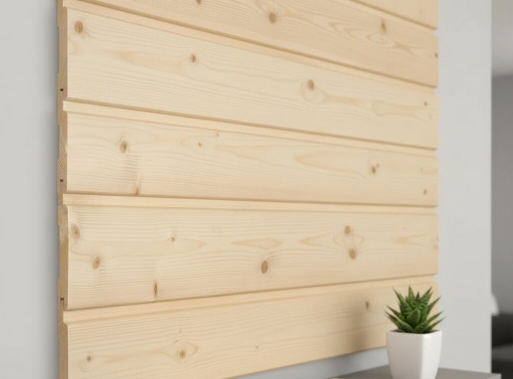 Helle Holzwand mit waagerechten Planken, daneben ein Tisch mit einem kleinen Kaktus in einem weißen Topf.