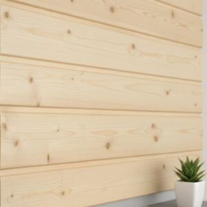 Helle Holzwand mit waagerechten Planken, daneben ein Tisch mit einem kleinen Kaktus in einem weißen Topf.