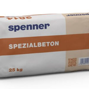 Eine 25 kg Packung Spenner Spezialbeton mit orangefarbenem und beigem Design und einem QR-Code auf der Verpackung.