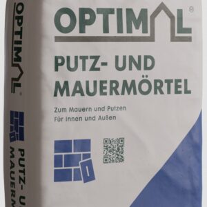 Verpackung eines Produkts mit der Aufschrift "OPTIMAL Putz- und Mauermörtel" sowie Symbolen für Mauerwerk und QR-Code.