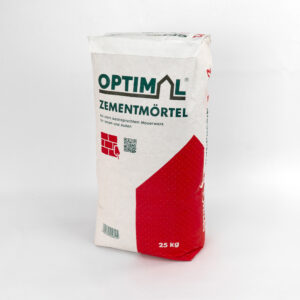 Eine 25 kg Packung Zementmörtel der Marke Optimal, geeignet für stark beanspruchtes Mauerwerk, sowohl für den Innen- als auch Außenbereich.