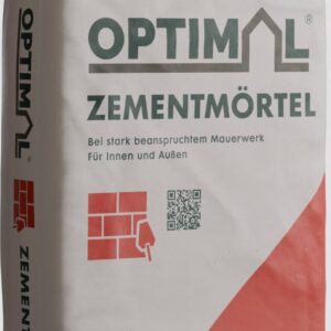 Eine Verpackung des Produkts 'Optimal Zementmörtel' für stark beanspruchtes Mauerwerk, geeignet für Innen und Außen, mit einem roten Symbol eines Mauerwerks und einer Kelle sowie einem QR-Code.