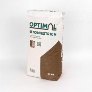 Ein 25 kg Sack mit der Aufschrift "OPTIMALL BETON/ESTRICH" für universellen Einsatz, auf weißem Hintergrund fotografiert.