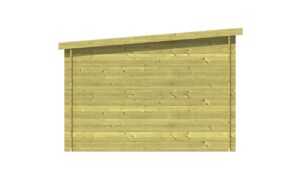 Holzwand eines Gartenhauses mit horizontalen Paneelen und einem leicht geneigten Dach.
