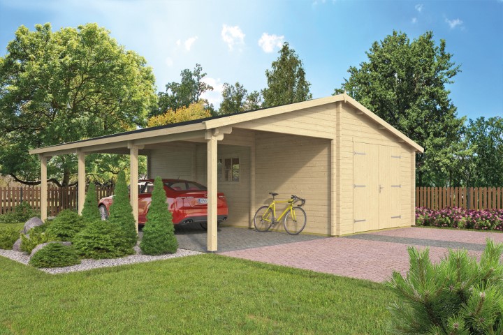 Holzcarport mit angrenzendem Geräteschuppen, daneben ein geparktes rotes Auto und zwei Fahrräder; im Hintergrund sind ein Holzzaun, Bäume und ein klarer Himmel zu sehen.