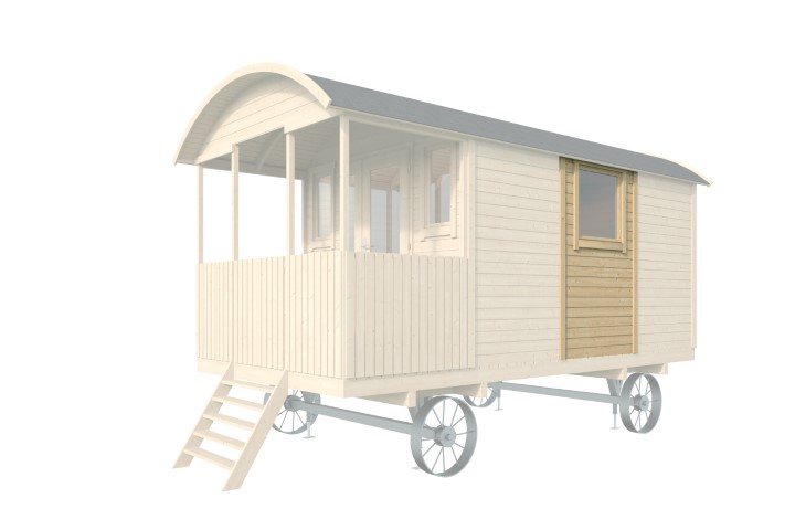 Ein heller Planwagen mit einem gewölbten Dach, Fenstern und einer kleinen Treppe, die zu einer überdachten Veranda führt.