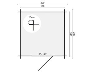 Diagramm einer quadratischen Struktur mit den Abmessungen 200 x 200 cm. Die innere Fläche ist 180 x 180 cm und enthält ein kleines rundes Fenster mit einem Durchmesser von 10 cm in einer Ecke. Eine diagonale Linie, außen an einer Seite, weist auf eine Tür oder einen Eingang hin mit den Maßen 85 x 177 cm.