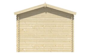 Vorderansicht einer hellen Holzwand mit Giebel, aus horizontalen Latten bestehend.