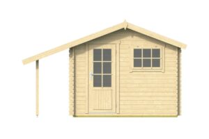 Holzhaus mit Giebeldach und überdachtem Eingang, Holztür mit rechteckigem Fenster und daneben ein Doppelfenster.