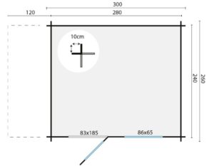 Diagramm eines rechteckigen Raumes mit den Maßen 300 cm x 260 cm. Es gibt zwei markierte Öffnungen: eine auf der linken Seite, 83 cm x 185 cm, und eine auf der unteren Seite, 86 cm x 65 cm. Eine verkleinerte markierte Fläche von 120 cm zeigt einen erweiterten Bereich. Der Kreis auf der linken oberen Ecke hat einen Durchmesser von 10 cm.