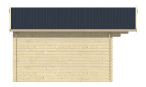 Seitenansicht eines Holzgebäudes mit dunklem Schrägdach.