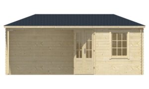 Holzhaus mit Satteldach, Doppeltür und einem Fenster auf der rechten Seite.