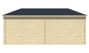 Holzgebäude mit einem dunkelgrauen Walmdach und Holzwänden, ohne sichtbare Fenster oder Türen.
