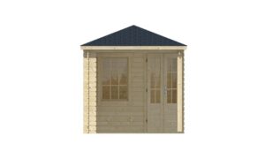 Ein kleines, hölzernes Gartenhaus mit einem dunklen Spitzdach, einer Glastür und einem großen Fenster auf der Vorderseite, isoliert vor weißem Hintergrund.