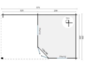 Ein Grundrissdiagramm mit den Maßen eines rechteckigen Raumes von 575 cm Breite und 250 cm Tiefe. Der Raum enthält eine abgeschrägte Ecke mit den Abschnitten 120x188 cm, 77x112 cm und eine markierte Position für ein 10 cm breites Element.