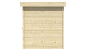 Holzwand aus hellen Brettern mit horizontaler Ausrichtung und einem überstehenden Holzdach oben.
